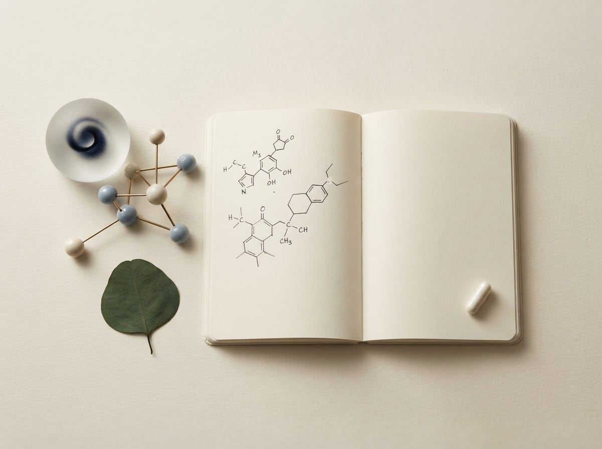 Open research notebook with molecular forms and a botanical leaf