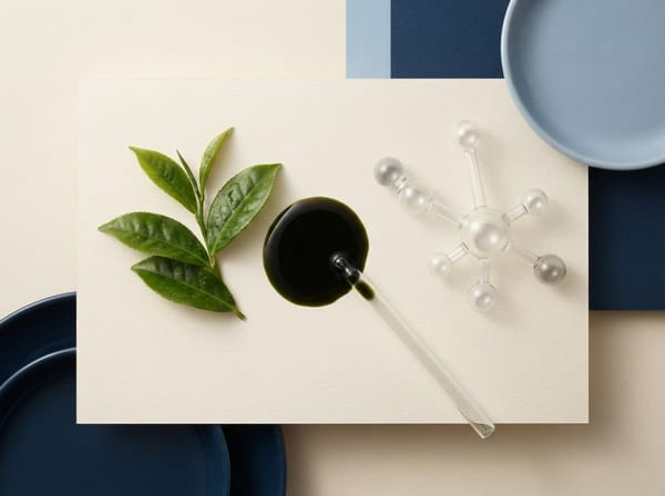 Green tea leaves and concentrated extract in a laboratory still life