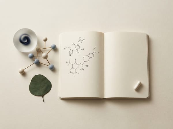 Open research notebook with molecular forms and a botanical leaf