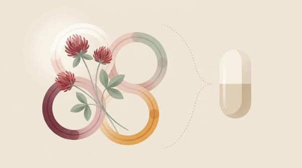 Abstract red clover, molecular rings, and a medicine capsule illustrating interaction uncertainty